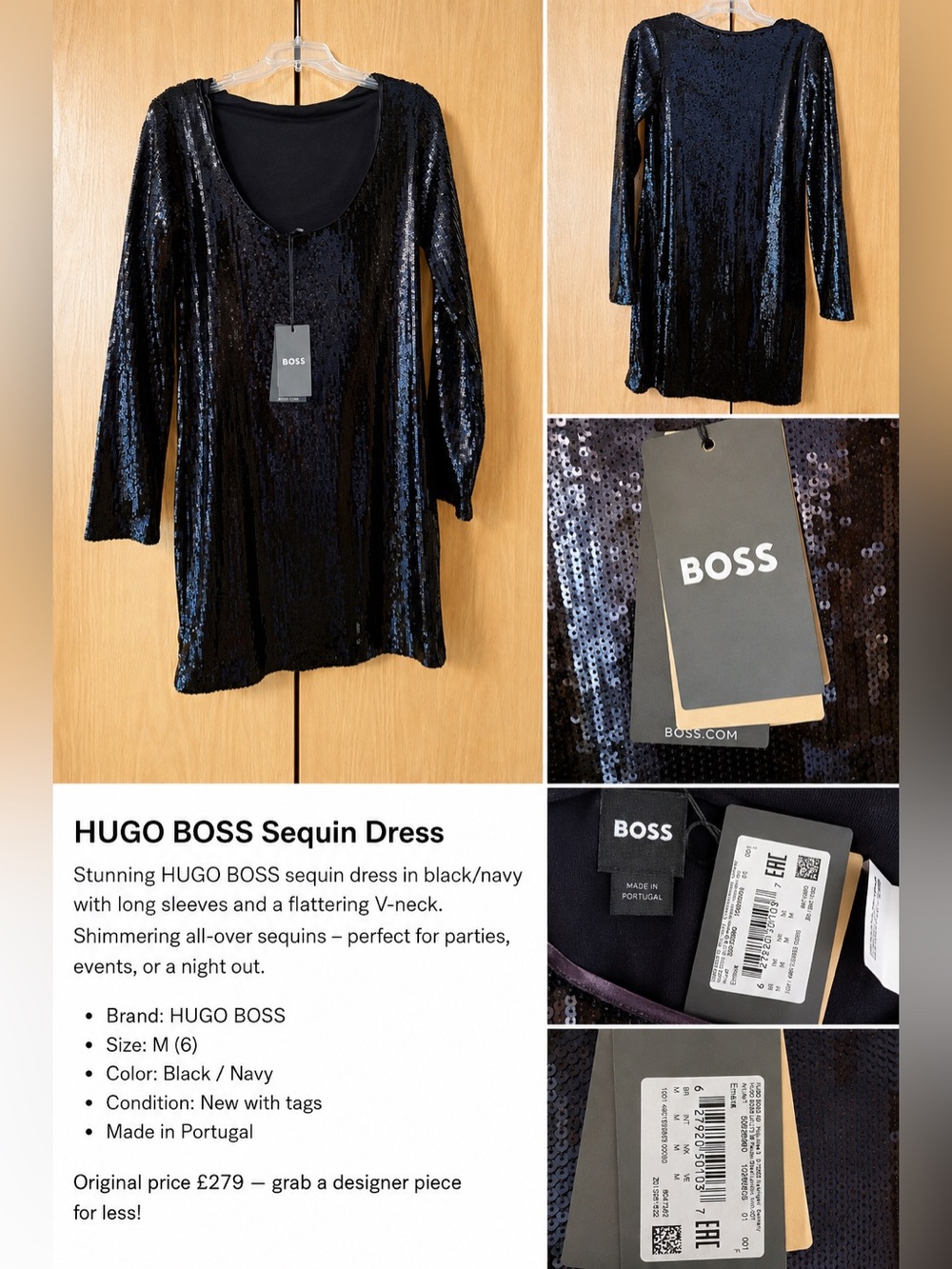 Hugo Boss Black/Navy Sequin V‑Neck Long‑Sleeve Dress